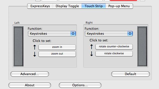 Zoom and Rotation commands programmed to Wacom Cintiq or Wacom Intous 3 touchstrips