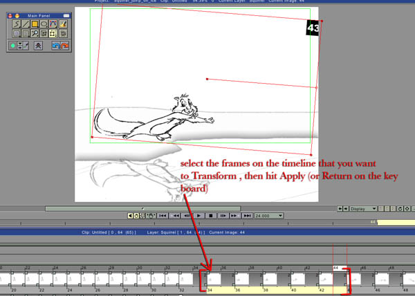 Select only the frames you want to transform on the timeline then Apply the Transform and only those frames will be changed, while the frames preceding and the frames following will not be transformed.